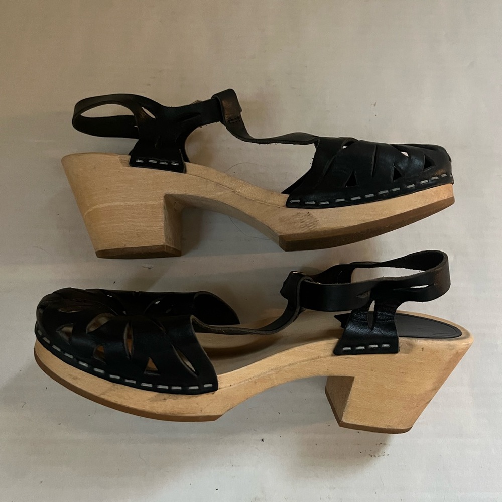 Swedish Hasbeens clog wedge sandals leather uppers floral cutout EU 38 - Picture 4 of 9